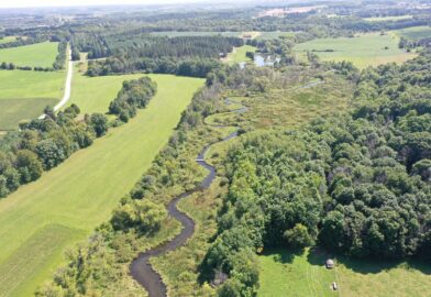 Photo of a protected property looking over farm fields with a creek winding through property